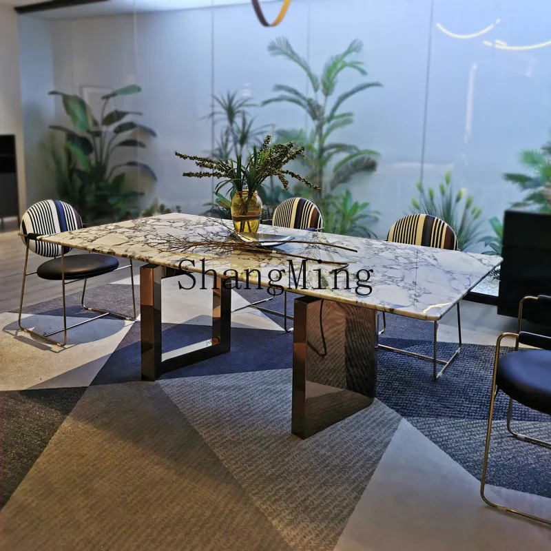 

FGgood-looking new natural marble dining table villa large flat floor minimalist large dining table rectangular