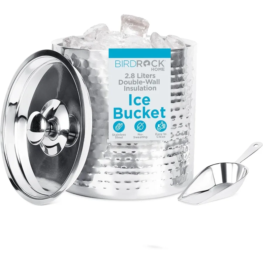 

Ведро для льда с ложкой и крышкой, 2,8 л, кованое, изолированный контейнер из нержавеющей стали с двойными стенками из нержавеющей стали и ручкой для переноски.