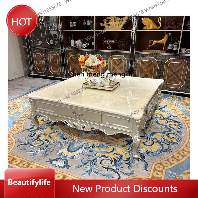 

A13 French solid wood square court luxury villa living room with drawers marble large coffee table