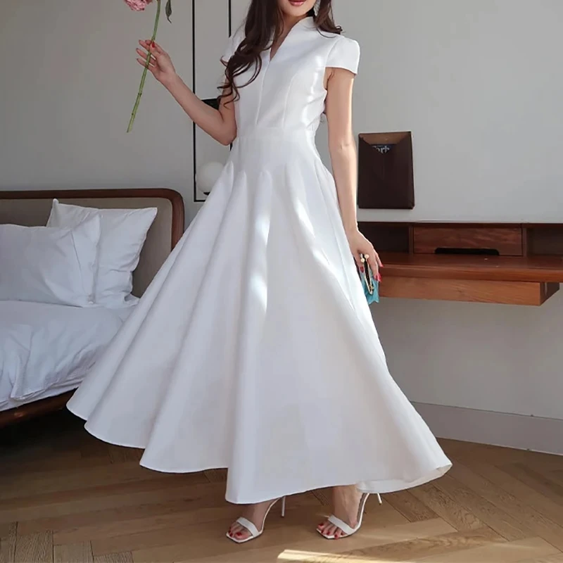 

Elegant High Waist Solid Color Banquet Dress Fashion Women's Swing Maxi Dress Summer Temperament V-neck Slim Satin Evening Dress