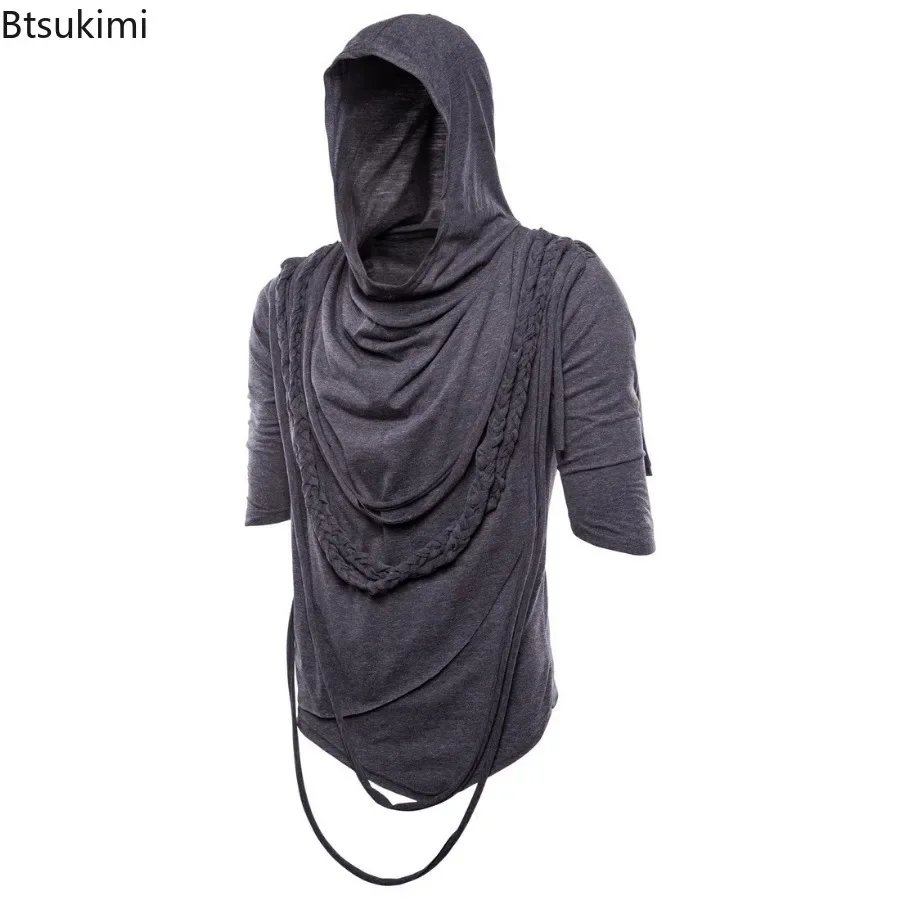 New 2024 Men\'s Tassel Irregular Design T-shirts Punk Rock Hip Hop Tees Summer Streetwear Trend Gothic Style Hooded Tops for Men