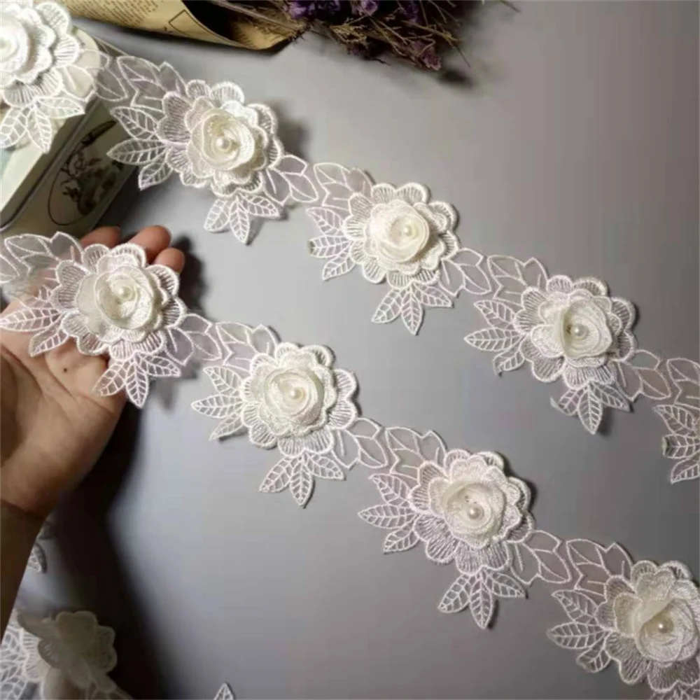 

3 yard Ivory Polyester Rose Flower Handmade Embroidered Fabric Lace Trim Applique Ribbon DIY Sewing Craft Decoration 11.3cm