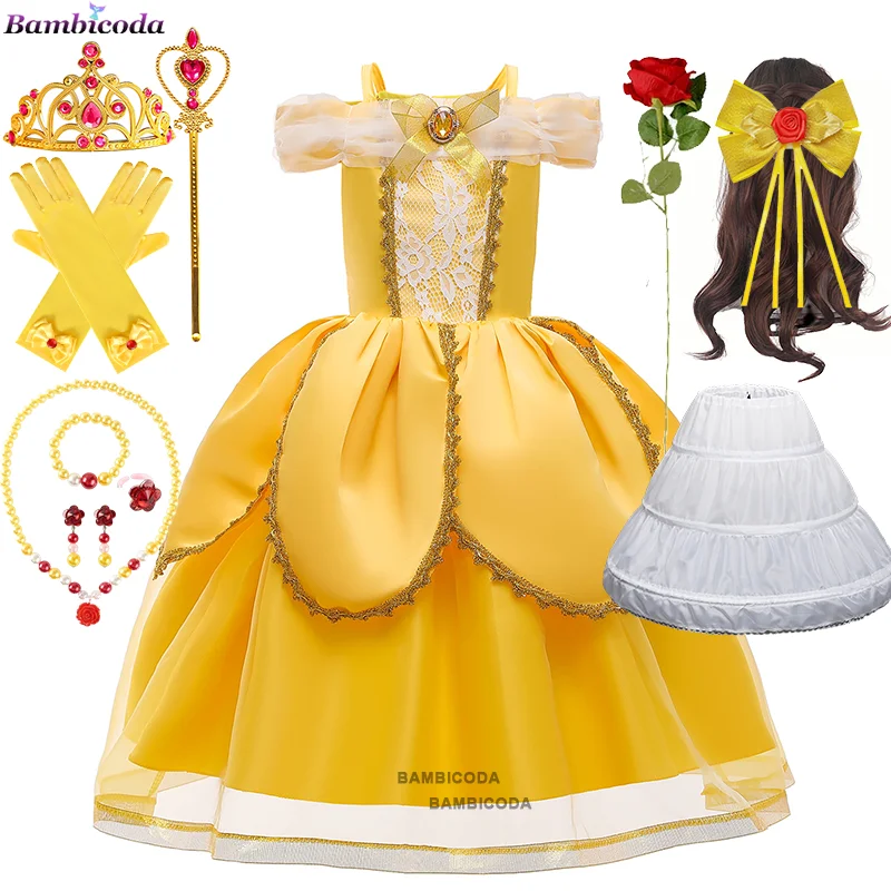 Halloween Cosplay Belle Costumes Beauty and The Beast Kids Dress Girls Birthday Party  Clothing Off Shoulder Princess Ball Gown