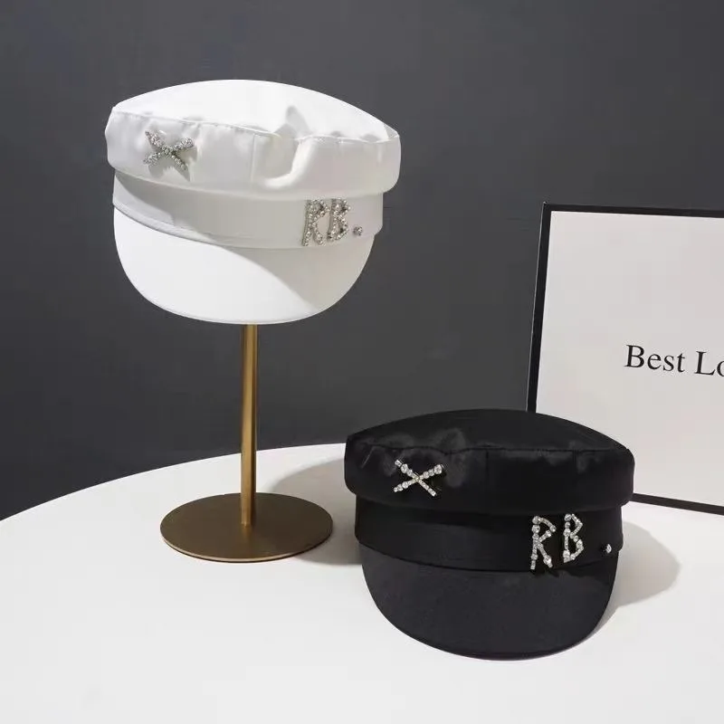 Gorra de Visera Estilo Marinero con Pedrería Brillante para Mujer, Moda Otoñal Europea y Americana