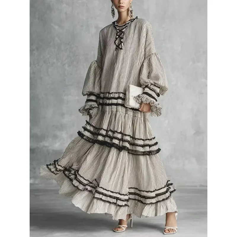 New Women's Strip Puff Sleeve Long-sleeve Cake Clothes Summer Maxi Dress Robe Prom Y2k