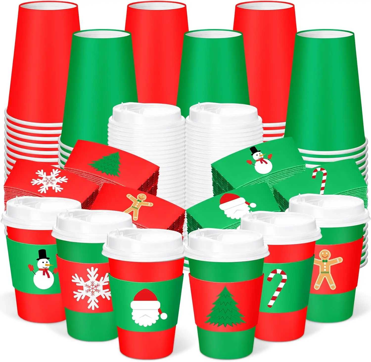 

120 Pack Christmas Coffee Cups with Lids and Sleeves, 12 oz Red and Green Paper Disposable Cups, Festive Designs Snowman