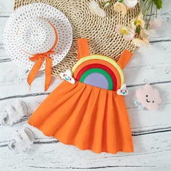 2 Pieces Set Summer Toddle Girl Dress Comfortable Rainbow Cotton Baby Dress High Qulaity Kids Clothes Send Hat Children Clothes