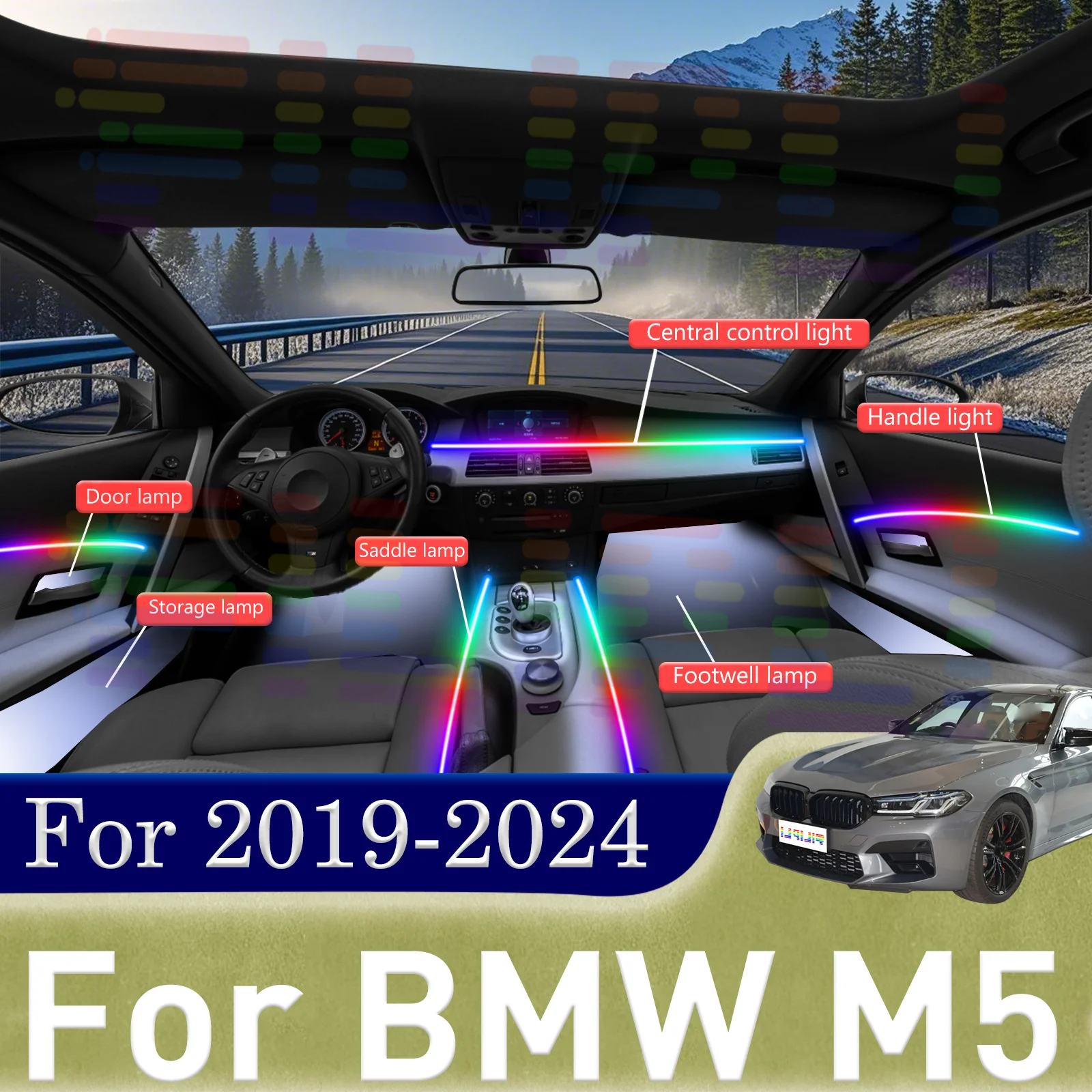 لسيارات BMW M5 F90 F91 شريط توهج LED عالي الجودة لداخل السيارة مع تصميم تثبيت فلوش وإضاءة تفاعلية صوتية لاسلكية