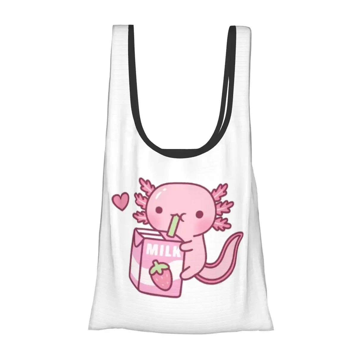 Cute Axolotl Loves Strawberry Milk Doodle Portable Tote Shopping Bags Reusable Shopper Bag Grocery Handbag Shoulder Bag
