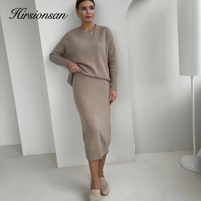 Hirsionsan Soft Elegant Vintage Women Suits 2023 New 2 Pieces Female Sets O Neck Sweater & Midi Dress Ladies Knitted TrackSuit