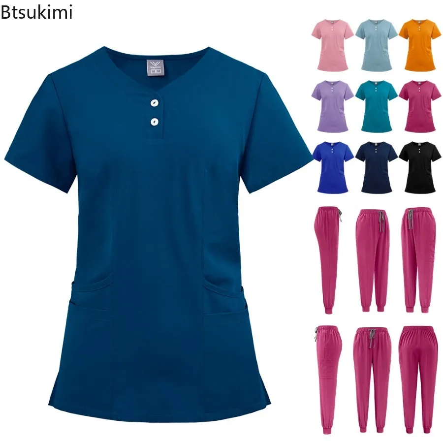novo-conjunto-de-uniforme-de-enfermeira-feminino-em-duas-pecas-secagem-rapida-decote-em-v-botao-bolso-camisa-de-manga-curta-e-calcas-roupas-de-trabalho-para-enfermagem