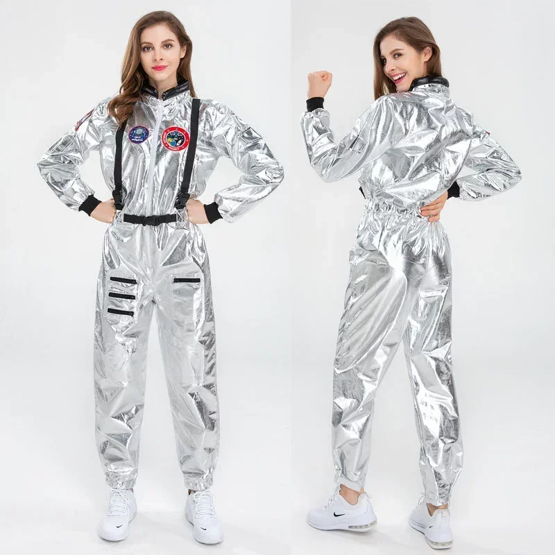 Costume d'astronaute pour adultes, combinaison spatiale argentée brillante, combinaison de vol de pilote pour femmes et hommes, tenue de fête à thème spatial de carnaval et de Couple
