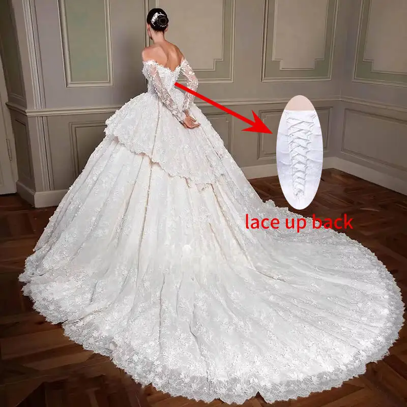 Elegant Off the Shoulder Wedding Dresses Long Lace Sleeves  White Church Weddings Bridal Dress A-line Ruffled Ball Gown