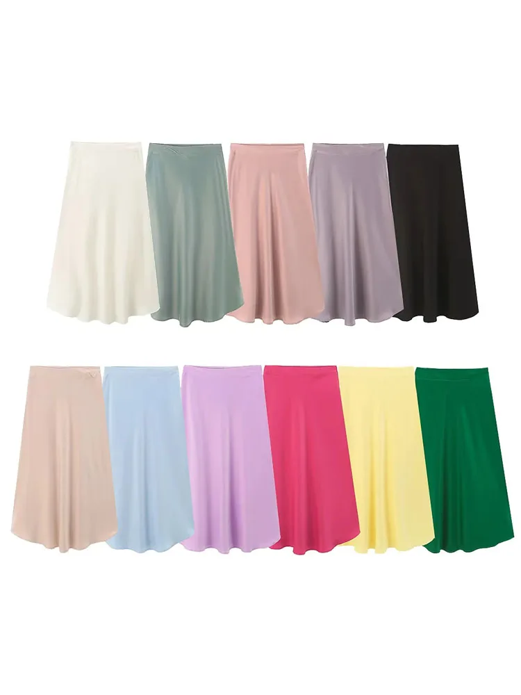 KAOPU ZA Women satin midi skirt vintage high waist side zipper fly female skirts mujer