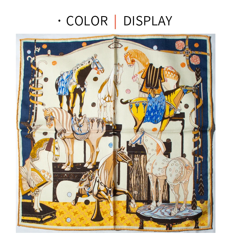 30% Silk 70% Wool Scarf Women Vintage Art Horse Print 65cm Square Soft Warm Luxury Fashion Scarf