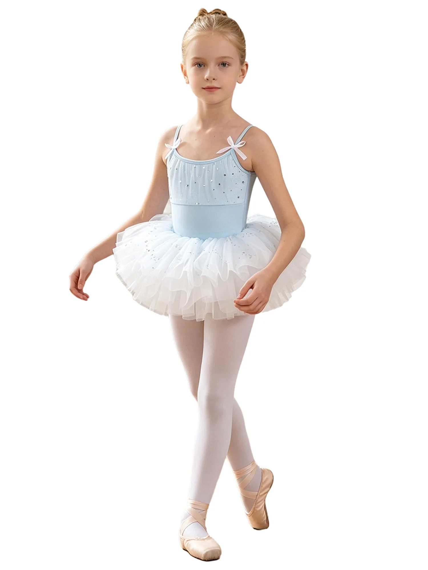 

Kid Girls Ballet Dance Outfit Bowknot Spaghetti Straps U-back Leotard with Layered Tulle Tutu Skirt for Practice Performance