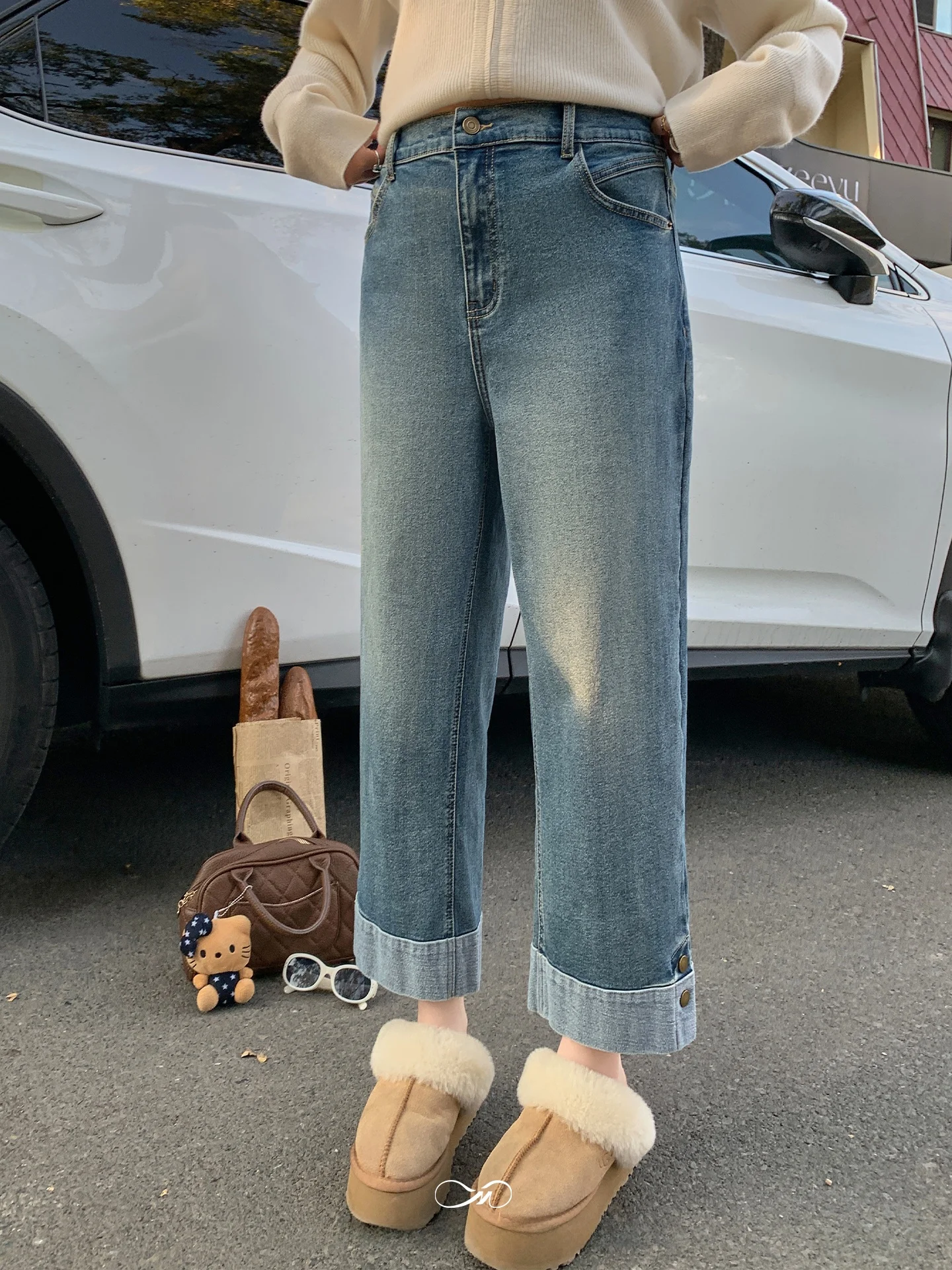 

Повседневные широкие хлопковые джинсы для полных женщин: зимние свободные прямые джинсы с отворотами, укороченные (длина 7/8)