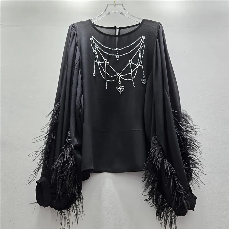 WTHT Fashion Women Diamonds Chain Loose Chiffon Shirt 2025 Autumn O-neck Spliced Feather Long Sleeve Blouse Female 1LS2668