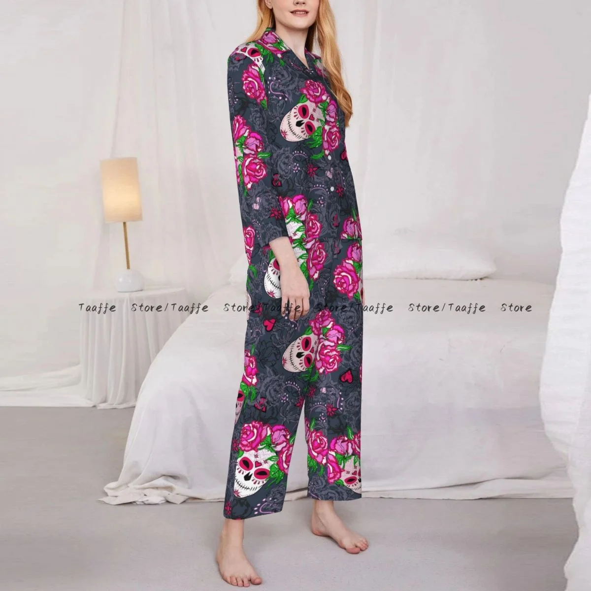 Sugar Skull And Roses Womens Pajamas Loungewear Two-piece Sleepwear Button-Down Full Sleeve Long Pajamas Set