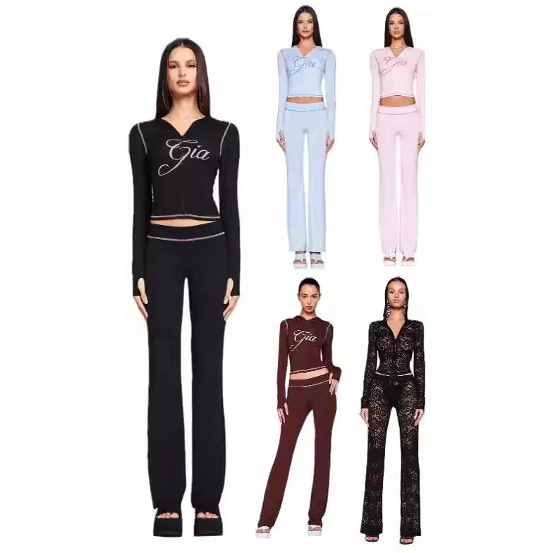 

Iia Slim Fit ort Jaet And Pants Set with Zipper And Letter Print Casual Sle Polyester Fiber V-Ne Long Sve Coat