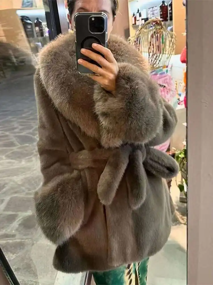 Vintage  Faux Fox Coat Women Luxury Fur Collar  Long Sleeve Oversize With Belt Female Warm Jacket 2024 Winter  Lady Plush Top