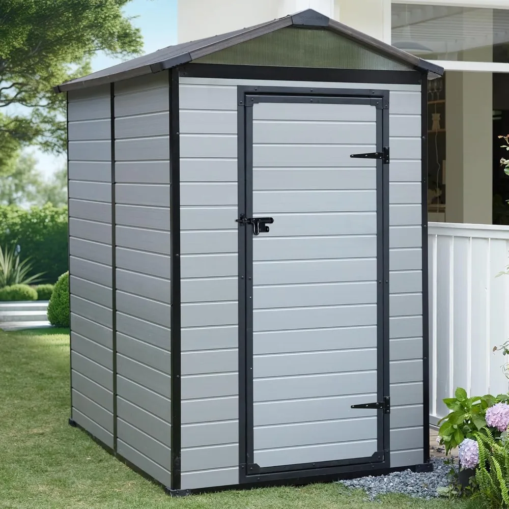 

Storage Shed 4x6FT Outdoor Plastic Shed Garden Resin Patio Storage Shed with Floor Small Tool with Lockable Door Bike