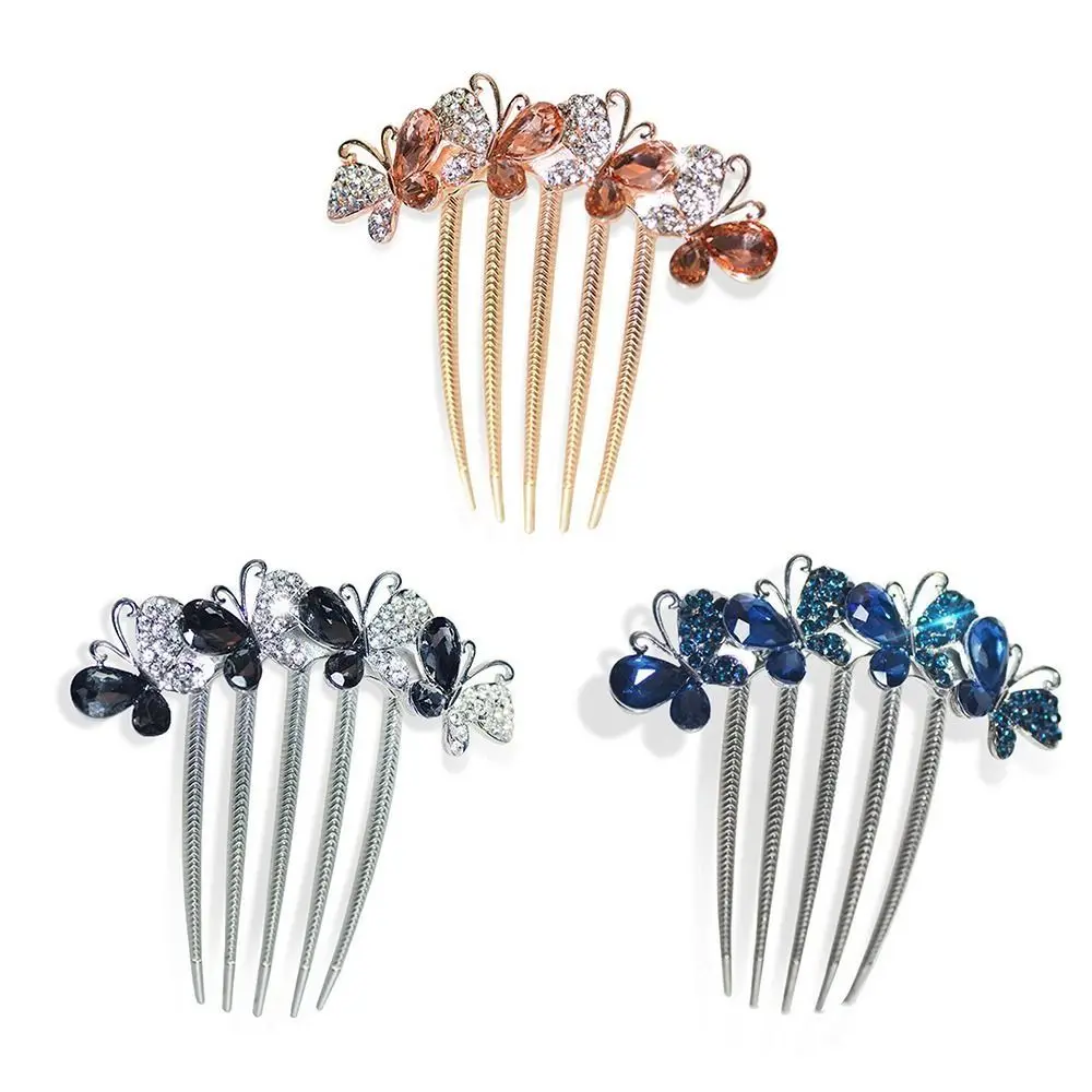 Purple Blue Grey Champagne Women Hair Comb Elegant Butterfly Sparkling Hair Accessories Alloy Rhinestone Headwear