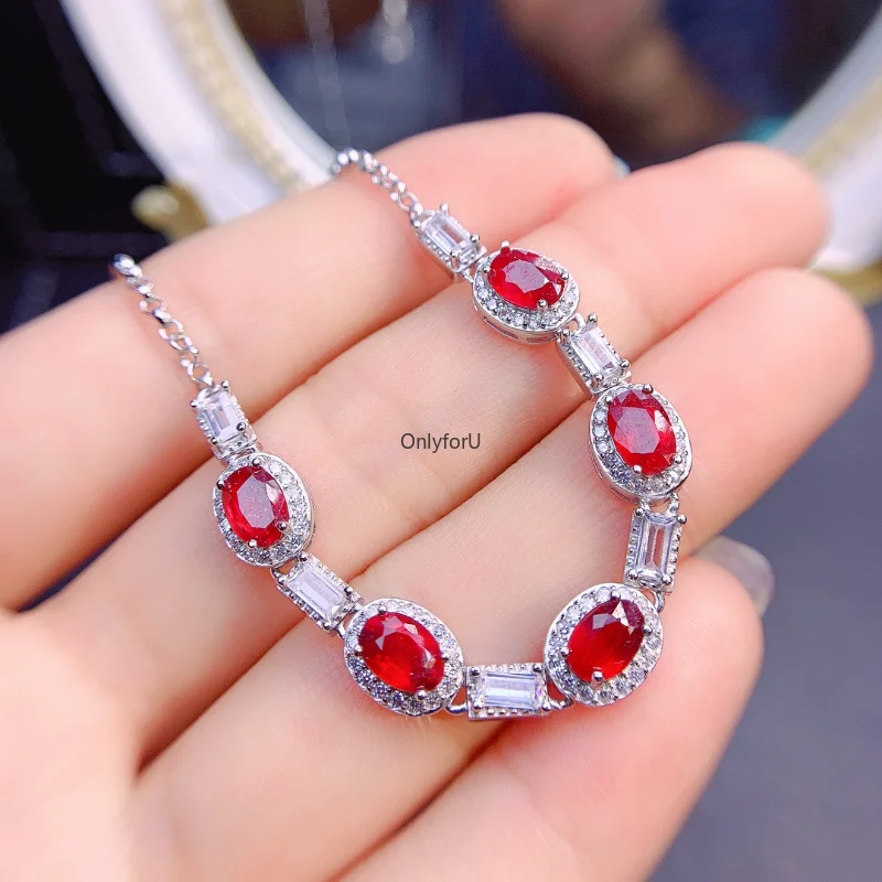 

Female Classic Rose Gold Plated Natural Ruby Bracelet with Silver 925 Engagement Ring Trendy Jewelry 4x6mm