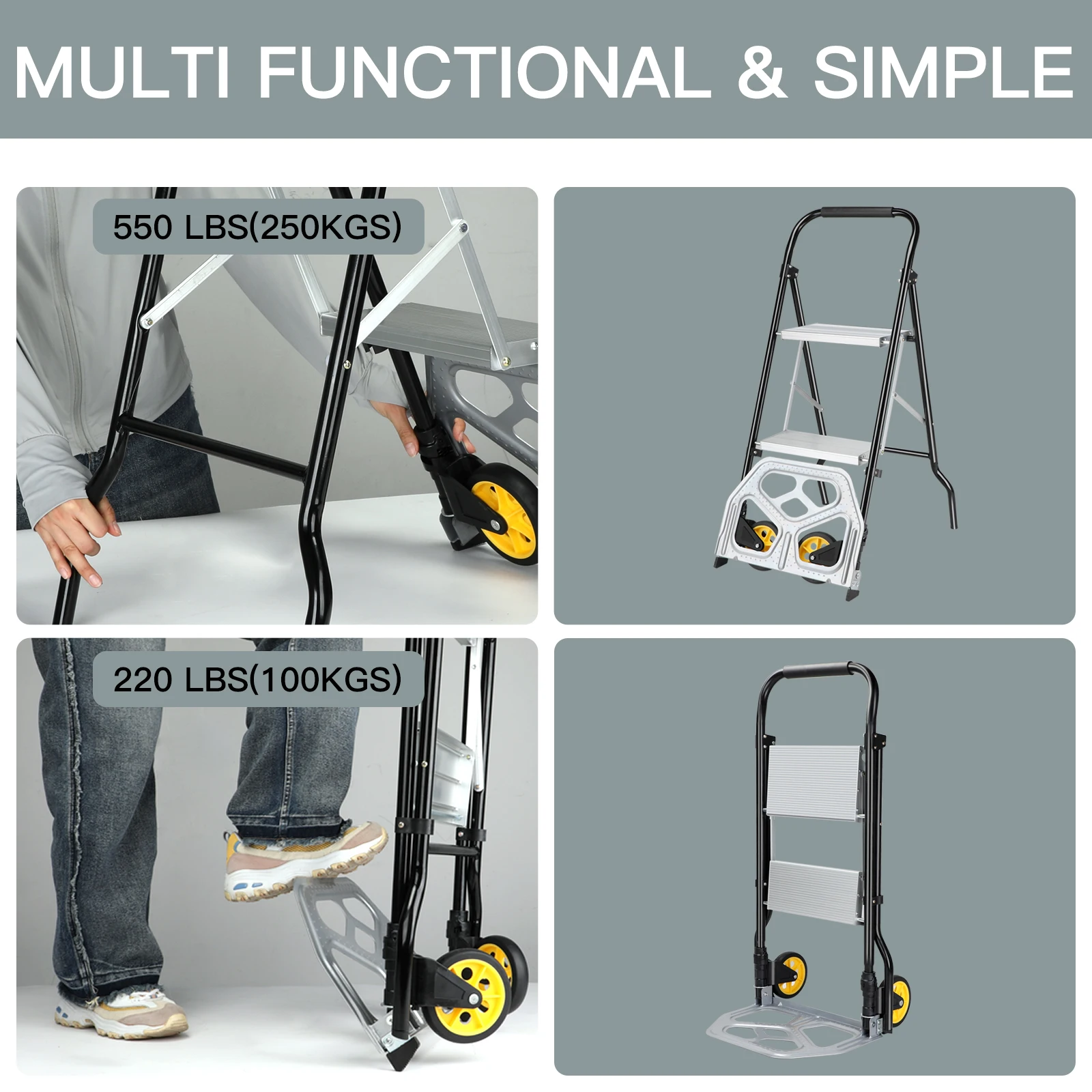 POWSTR 2 in 1 Folding Sack Truck and 2 Step Ladder,Aluminum Sack Trolley with Large Wheels for Stairs,Folding Stepladder