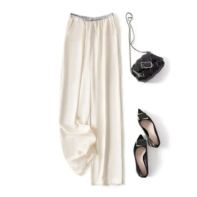 

Beige Acetate Casual Chic Elastic High Waist Loose Wide Leg Women's Pants Full Length Pants For Women Clothing 2025 Fashion
