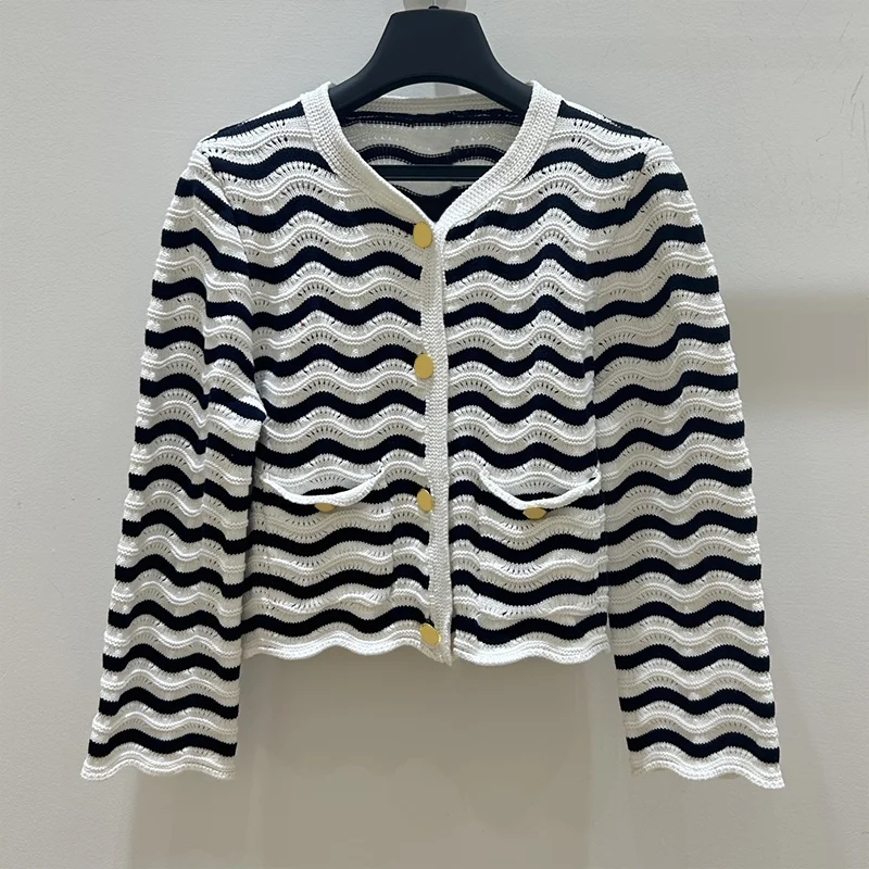 

High-quality women's cardigan with black and white wavy stripe and open design unique sweater 251028143