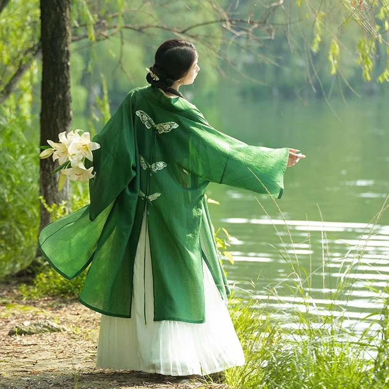 

Мягкая дышащая женская рубашка Ханьфу оригинального дизайна с длинным воротником, прямыми рукавами, застежкой на пуговицах спереди, универсальная, для весны и осени.