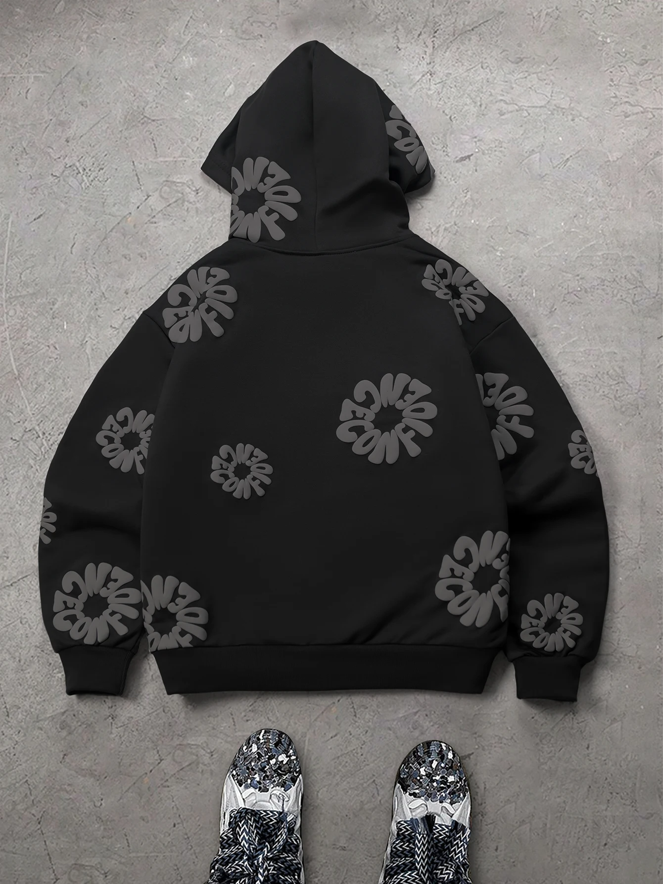 Men's Streetwear Hoodie Brand 3D Puff Print Floral Letter Polyester Black Kangaroo Pocket Pullover Hoodie S-2XL All Size 1Pc - view 2