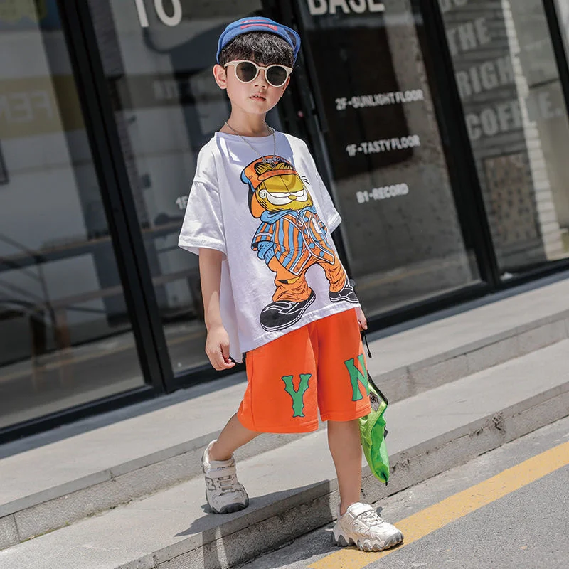 Fashion Summer Teenage Boy Clothes Boys for 4 6 8 10 12 14 Year Hiphop Korean Casual T-Shirt Shorts 2Pcs Sets Funny Cartoon Suit