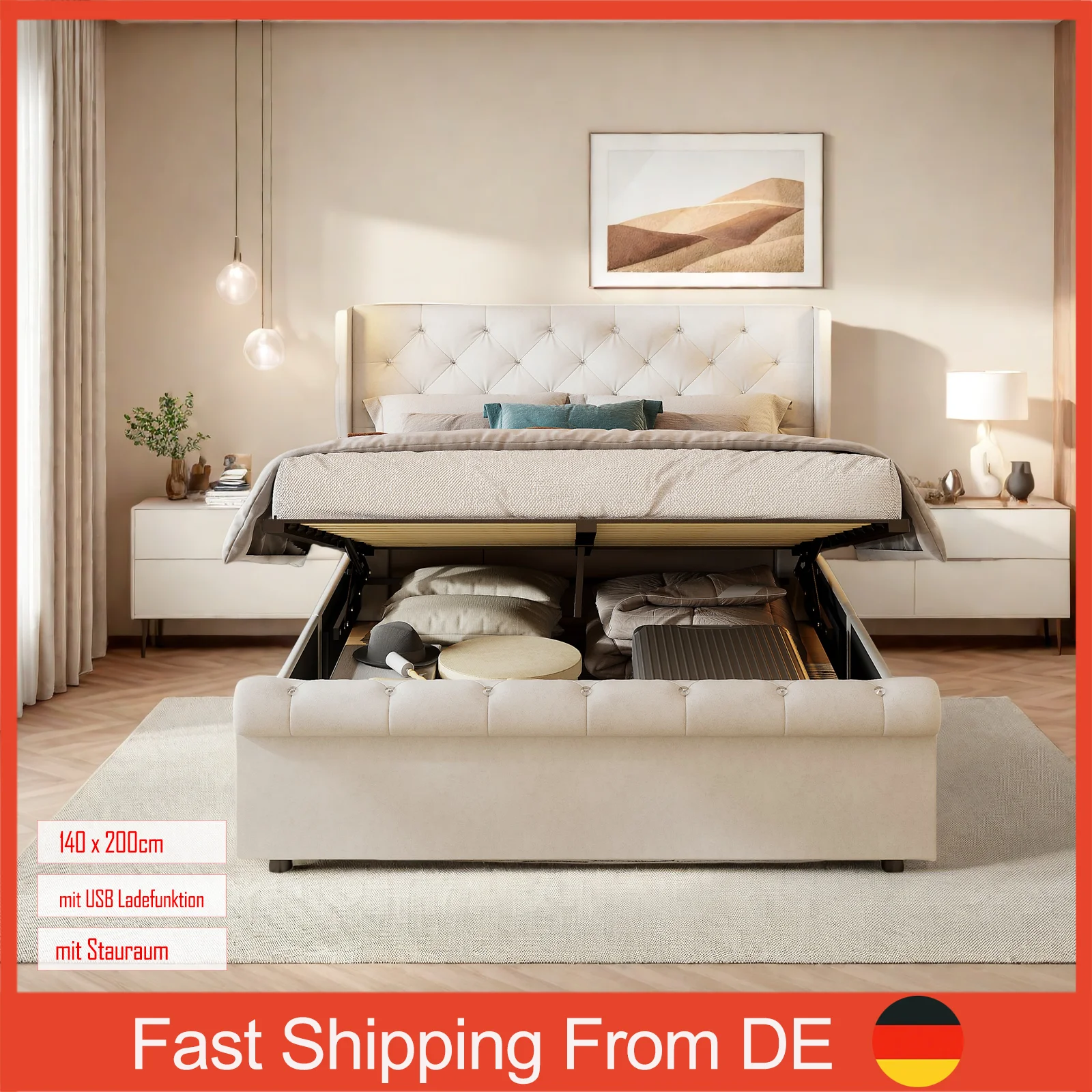 Hydraulic Double Upholstered bed 140x200cm,with USB charging function Headboard,Storage Beds with Slatted Frame,without mattress