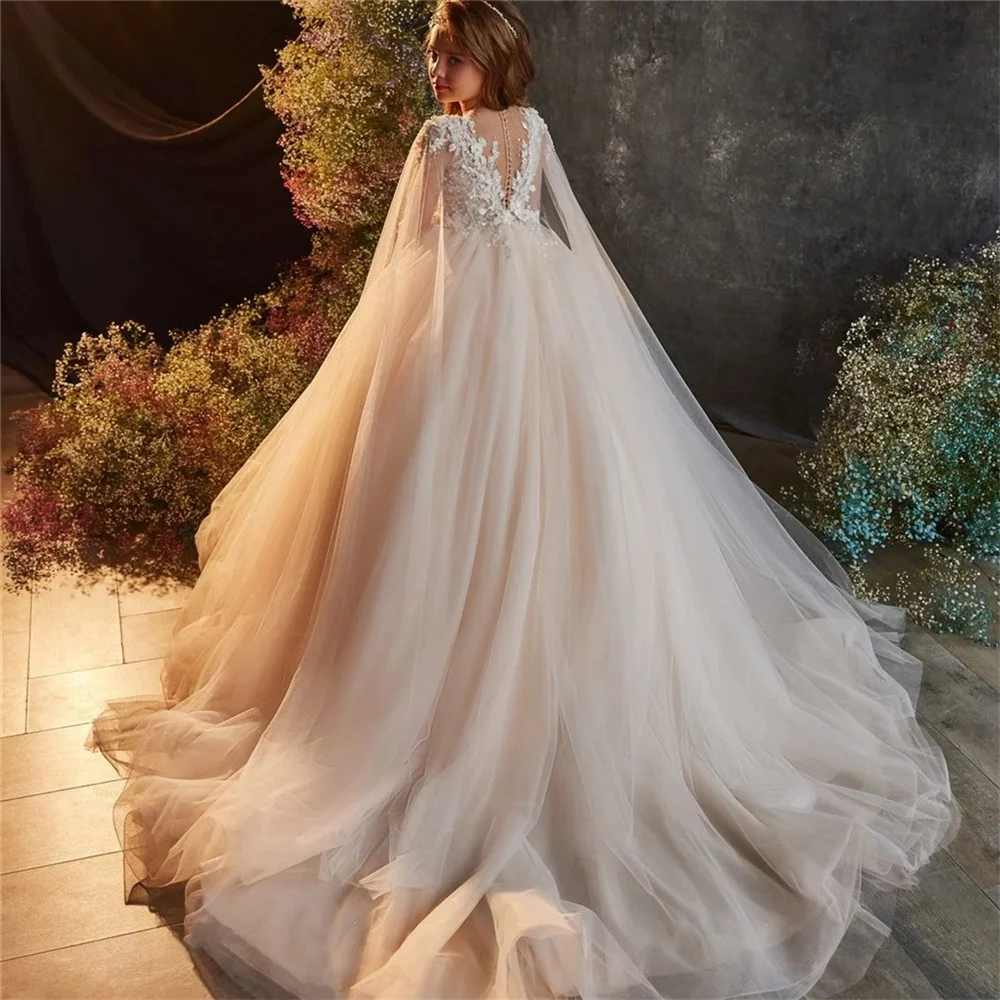 Robe de demoiselle d'honneur champagne moelleux en tulle, manches longues, col rond, cadeau de mariage de luxe, super anniversaire