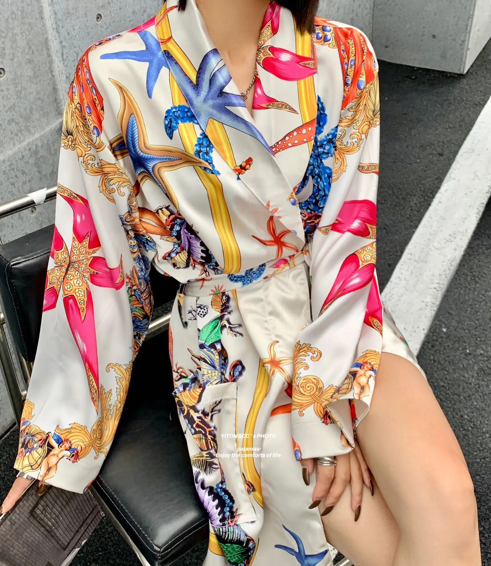 Europeancross-Border Fashion Youth Popular Digital Printing Women Long Sleeved Button Robe Bathrobe Summer Unisex Robe