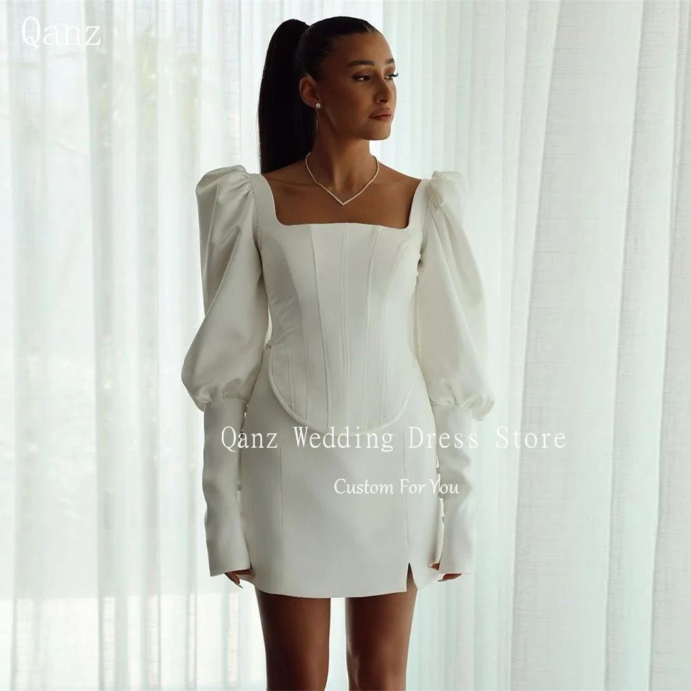 

Qanz Classical Wedding Dresses Long Puff Sleeves Satin платье свадебное Mini Vestidos De Novia Boda Customized