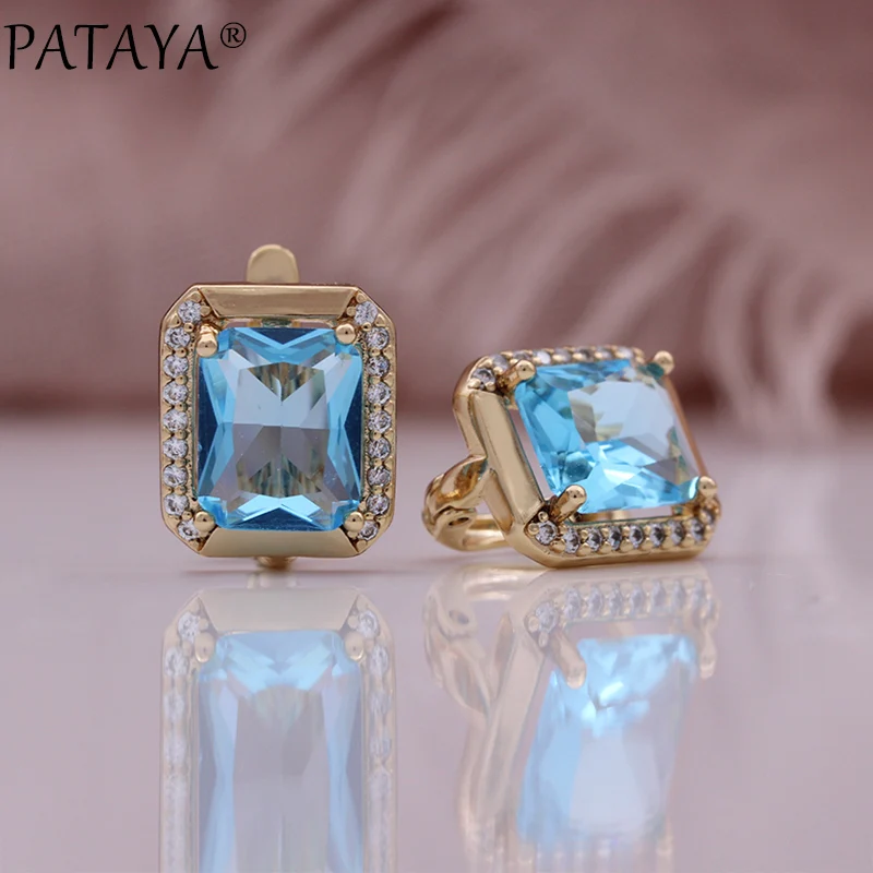 PATAYA New 585 Rose Gold Color Square Earring for Women Fashion Blue Natural Zircon Accessories High Quality Daily Jewelry