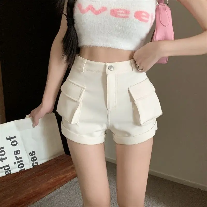 Short court avec poches pour femme, pantalon élastique, blanc, cargo, noir, micro, mini, bas prix, mode Harajuku, vente en gros