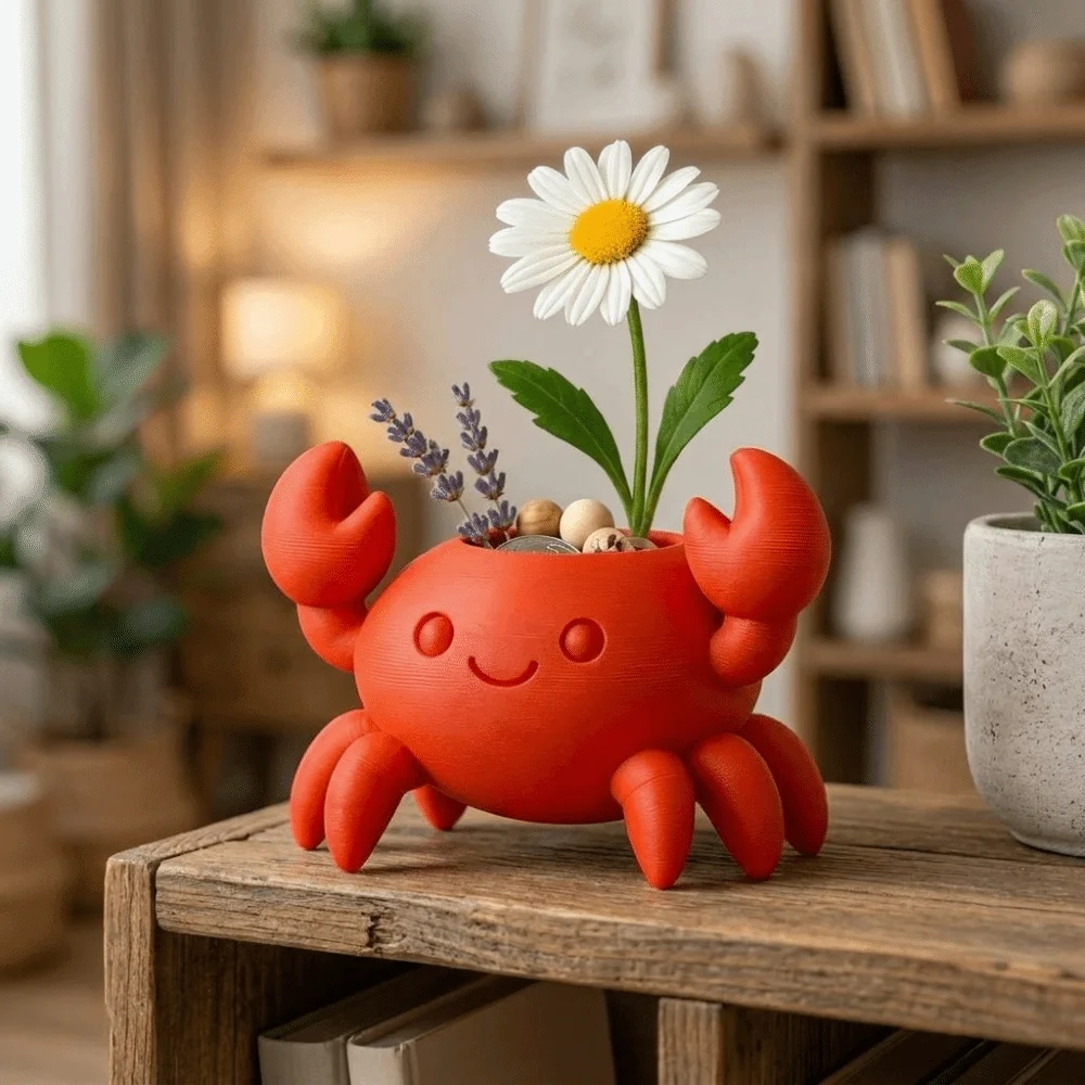 Crab Ornaments 3D Printed Crab Pen Holder Handmade Plastic Pencil Holder Multi-functional Crab Shaped Flowerpot Desk Organizers