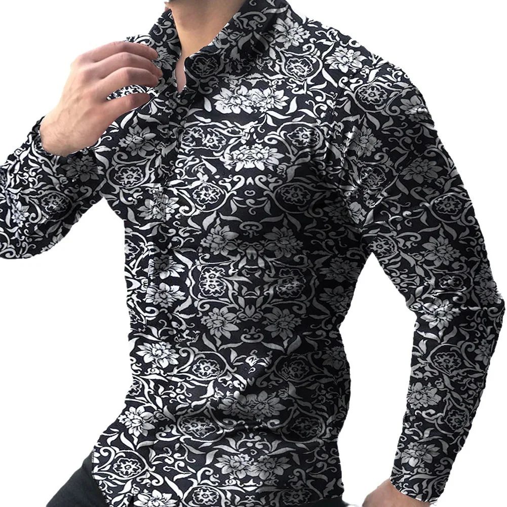 

2025 Men's Long-sleeved Lapel Shirt European and American Printed Casual