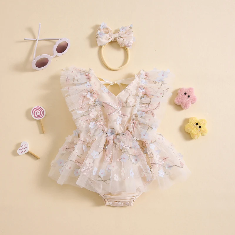 Baby Girls Rompers Dress Flower Embroidered Fly Sleeve Mesh Skirt Hem Infant Bodysuits Summer Clothes with Headband