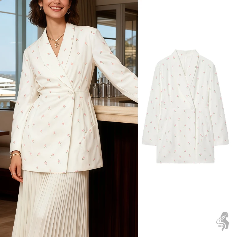 

Woman Clothes Tops Fashion Single Button Mid Length Womens Blazer Floral Pattern Gentle And Professional Temperament Coat