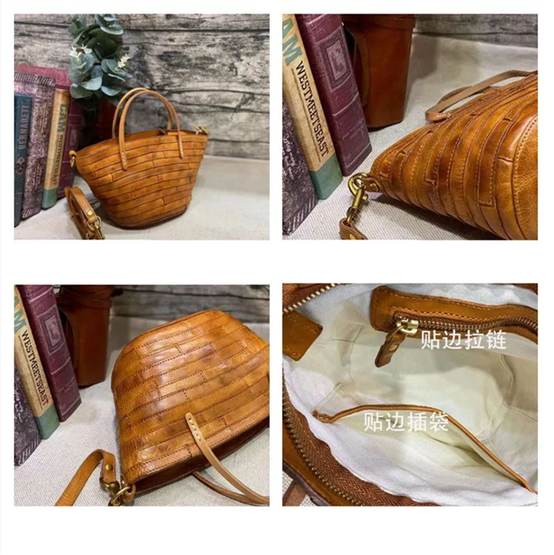 Vintage handmade high quality genuine leather woven women's handbag organizer designer luxury real cowhide female shoulder bag