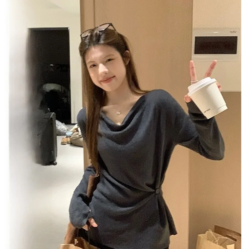 レディース スリムフィット ロングトップ カジュアル ベースレイヤー ポリエステル混紡 レギュラー丈 無地