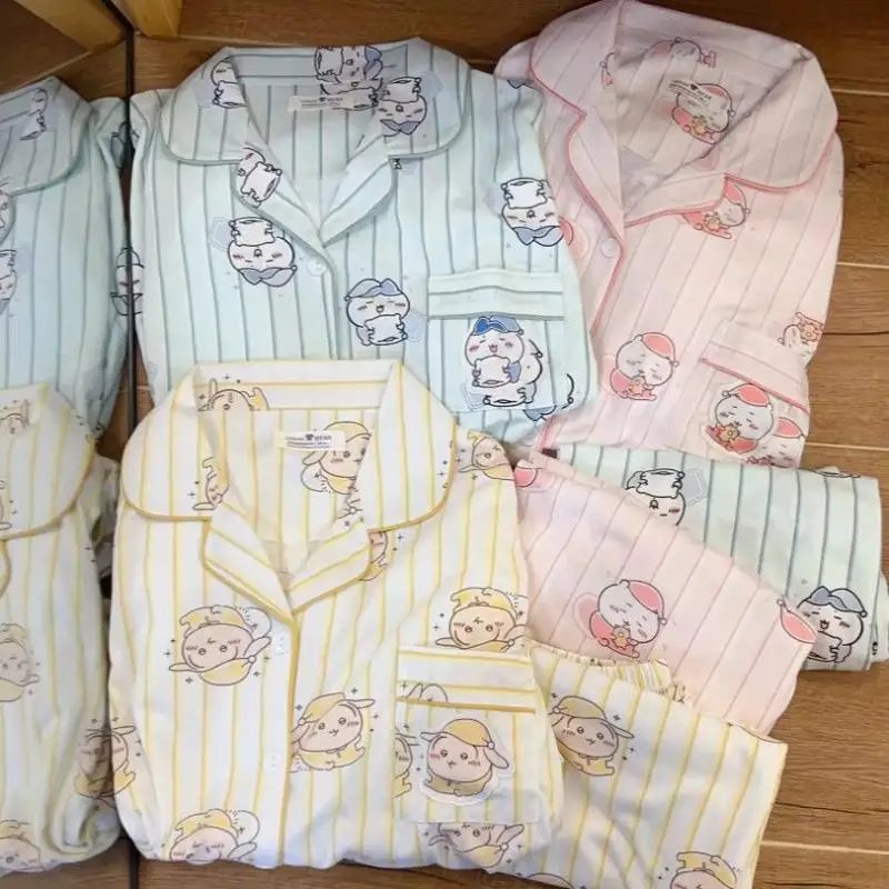 Usagi Chiikawa Chiikawa Pajamas Spring Autumn Hachiware Cotton Girl Long Sleeves Kawaii Anime Stripe Cute Homewear Winter