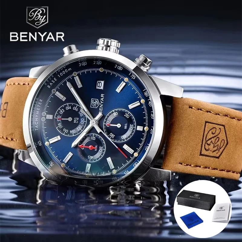 2025 جديد BENYAR ساعات رجالية فاخرة كوارتز ساعة اليد الرياضية ساعة كرونوغراف للرجال مقاوم للماء مضيئة صندوق هدايا جلدي