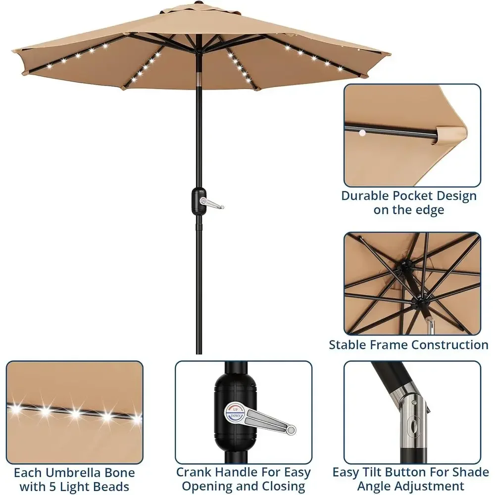 10-Foot Patio Umbrella with 40 LED Lights, Crank Lift, 8 Ribs, Suitable for Outdoor Tables, Poolside, Deck, Backyard, Tan Color