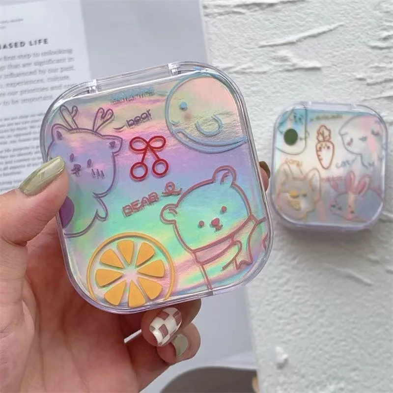 1PC Cute Mini Contact Lenses Case with Mirror Portable Ins Simple Style Flash Colored Lens Container Box Wearing Tool Travel Set